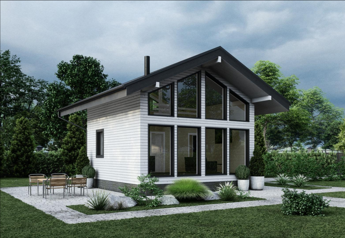 Проект каркасного дома с панорамным остеклением 6,0х6,0-57 м²